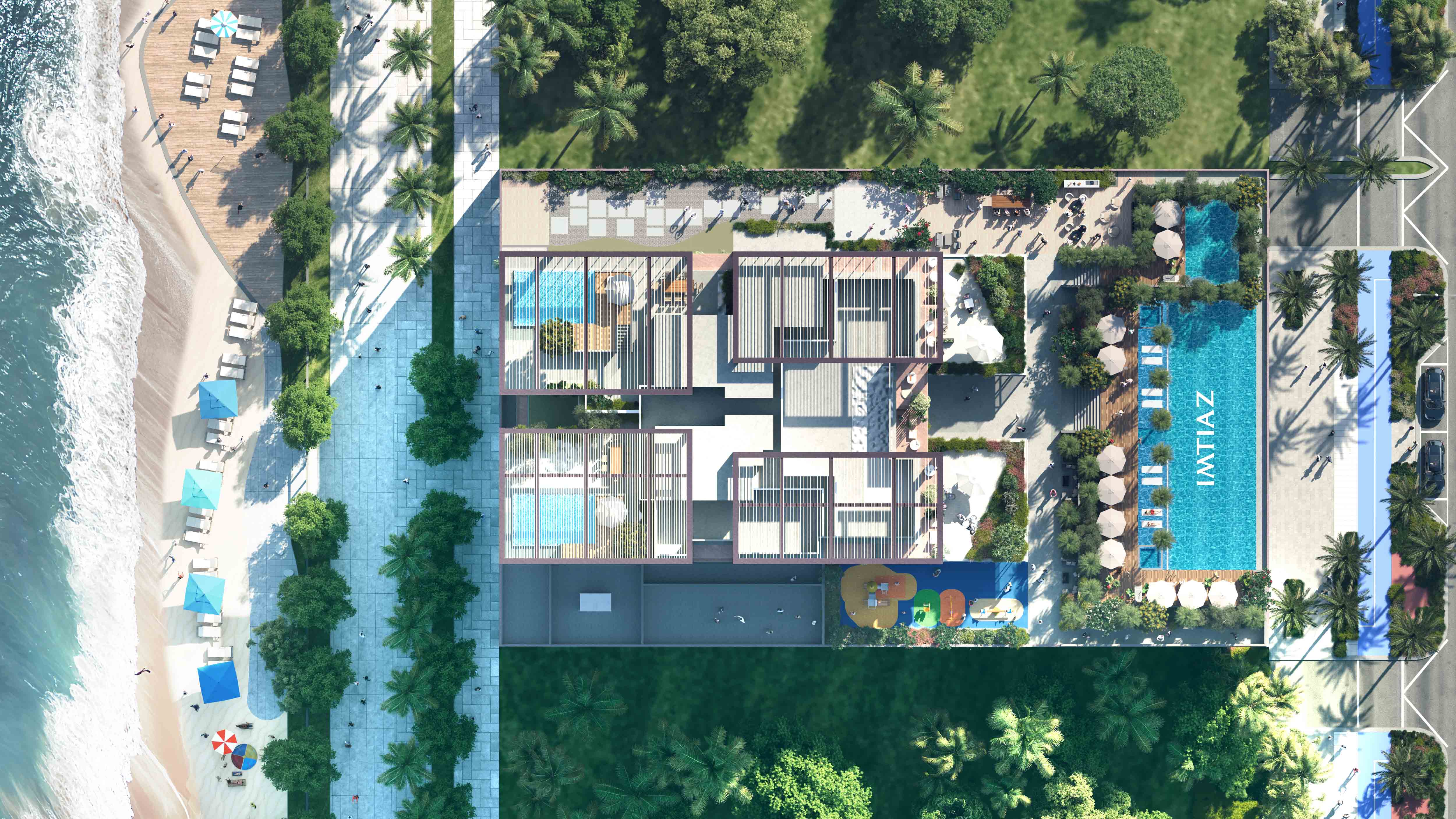 Wynwood Horizon By Imtiaz Aerial view of a resort with pools, cabanas, palm trees, and beach access along the coastline.